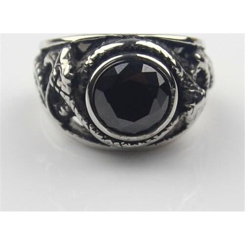 Black Cz Crystal Gem Snake Fashion Mens 316L Stainless Steel Biker Ring Mens Jewelry