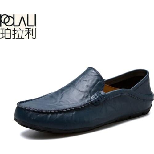 POLALI big size 35-47 slip on casual men loafers spring and autumn mens moccasins shoes genuine leather mens flats shoes