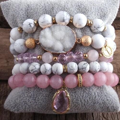 MD New Designer Boho Beaded Bracelet Set Natural Stone & Druzy 5pc Bracelets Bangles Set For Fashion Jewelry