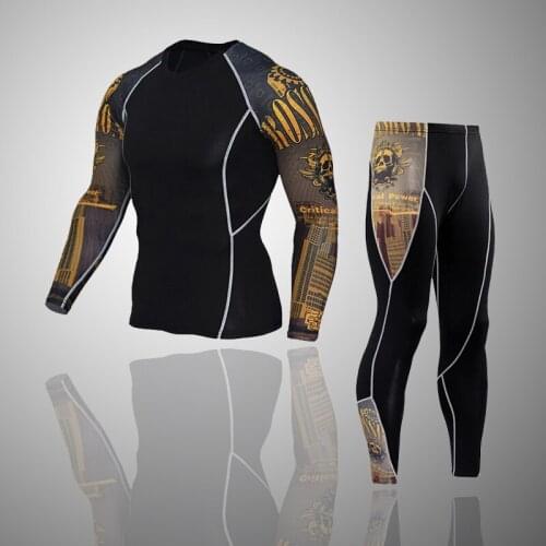 New Mens warm sports suit Long Sleeve Rash Guard Complete Graphic Compression Shorts Multi-use Fitness MMA Tops Shirts Men Suits