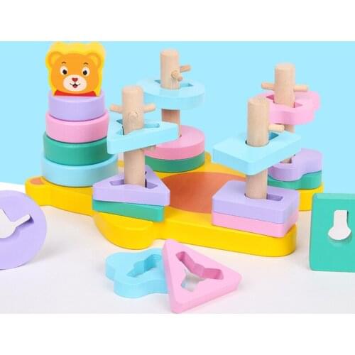 Educational Children Wooden Four Column Set Geometric Shape Matching Blocks Cognitive Building Stacker Intelligence Toys For Kid