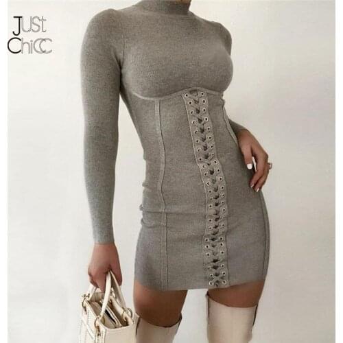 Justchicc Autumn Winter Skinny Dress 2020 Round Neck Long Sleeves Lace Up Sexy Warm Mini Dress Solid Party Night Bodycon Dress