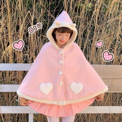Pink Red Blue Kawaii Lolita Overcoat Japanese Female Student Jacket Plush Love Hooded Cloak Windbreaker Loli Top Cute Anime Girl