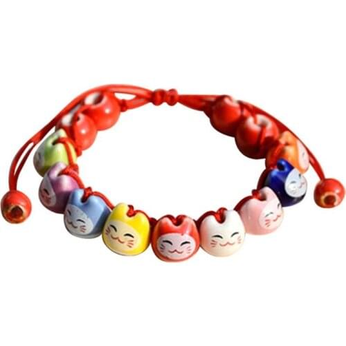 Handmade Ceramic Lucky Fortune Cat Charm Beaded Red String Bracelet Lucky Wish Jewelry