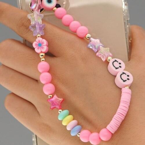 Bohemian Pink Smiley Soft Pottery Mobile Phone Rope Hanging Jewelry Star Beaded Phone Chain Lanyard