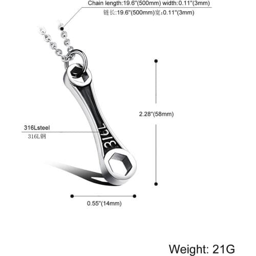 Vintage Stainless Steel Silver Color&Black Wrench Pendant Cool Mens Boys Jewelry Pendant Necklace Vertical Cross Chain 24