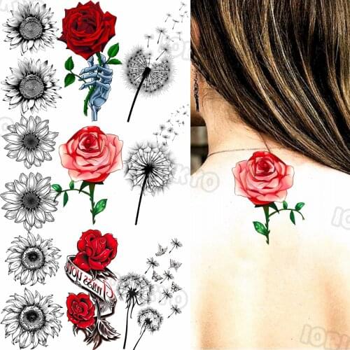Watercolor Rose Temporary Tattoos For Women Girls Dandelion Sun Flower Water Transfer Fake Tattoo Sticker Neck Arm Tatoos Party