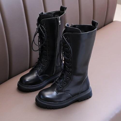 Girls Martin high boots baby leather boots black winter children long boots riding boots