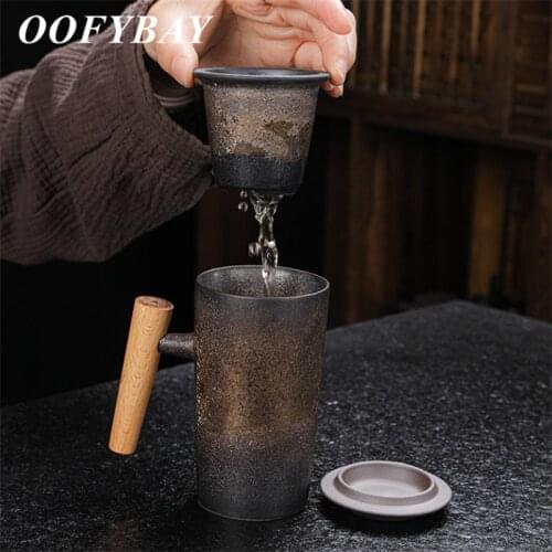 Japanese Ceramic Retro Coffee Mug with Wooden Handle and Cover Large Capacity Filter Tea Water Separation Cup Drinkware 260ML