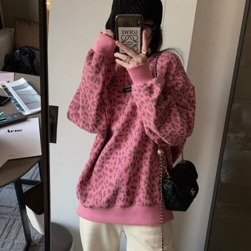 New Spring and Autumn Womens Hoodie Fashion Loose Leopard Print Round Neck Pullover Outdoor Leisure Sports Long Sleeve Top