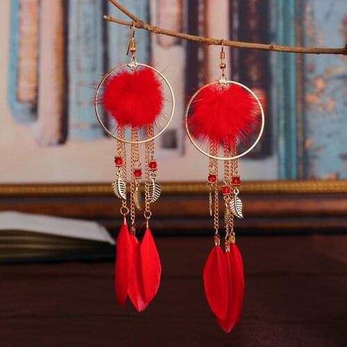 Boho Red Feather Long Earrings For Women Summer Gypsy Jhumka Jhumki Chain Leaf Tassel Indian Earrings Handmade Oorbellen