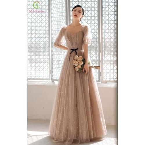 SSYFashion New Evening Dress for Women Sweetheat Naked Pink Puff Sleeve A-line Glittering Prom Formal Gowns Vestidos De Noche