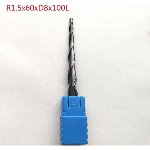 2pcs/lot R1.5*D8*60*100L*2F HRC55 Tungsten solid carbide Coated Tapered Ball Nose End Mills cone milling cutter wood tool