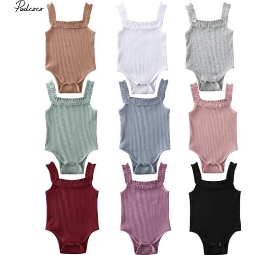 2020 Baby Girls Cotton Rompers Summer Clothing Newbown Baby Girl Sleeveless Ribbed Ruffled Jumpsuits Solid Playsuits 3M-24M