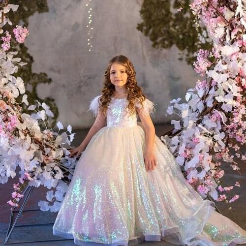 2021 Flower Girls Birthday Banquet sexy Stitching Dress Elegant Girls Wedding White First holy communion Loop Dress 1-10Y