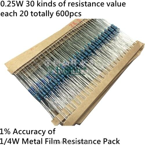 600PCS/LOT 1/4W Metal Film Resistor Kit 1% Resistor Assorted Kit Set 10 ohm-1M ohm Resistance Pack 30 Values each 20 pcs Hot