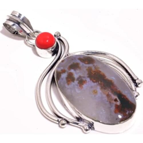 Agates + Coral Pendant Silver Overlay over Copper , 64.5 mm, P6973