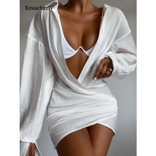 Kesiachiccly White Shirt Mini Dress Women Sexy Deep V Neck Celebrity Sexy NightClub Dress 2021 Long Sleeve Slim Bodycon Dress