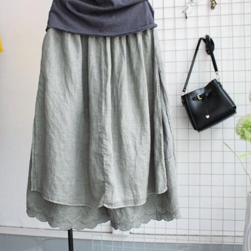 Women Pants Cotton Linen Spring Summer New Wide-legged Loose Faux-Two Elastic Waist Hollow Out Fashion Mori Girl Trousers Skirts