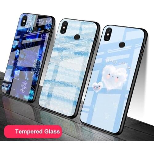 Blue Tempered Glass Phone Case For Redmi Note 5 6 7 8 9 Pro Note8T Note9S Redmi8 9 Cover Shell