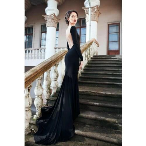 Elegant Mermaid Long Sleeve Black Evening Dresses Dubai Sweep Train Open Back Formal Party Dress for Women