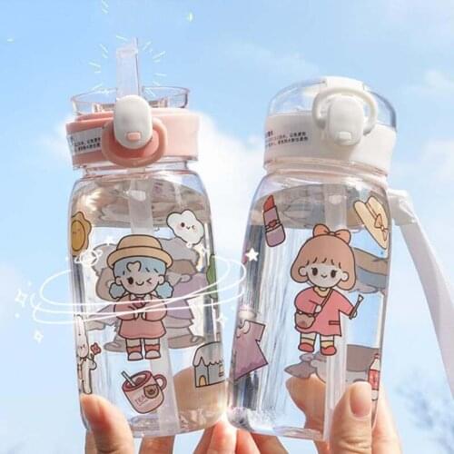 Kids Children Cartoon Animal School Drinking Water Straw Bottle Straw Sippy Baby Bottle With Strap 600ml