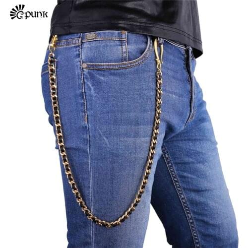 Jeans Trousers pants chain for Rock men Genuine Leather & Gold color Chains Jewelry Male Belts BC2Y