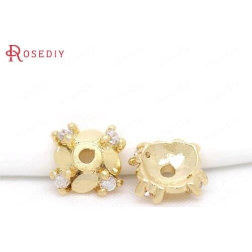 F536)6 pieces 6mm hole 0.8mm Brass with Zircon 24K Gold Color Plated Bead Caps Jewelry Findings Accessories