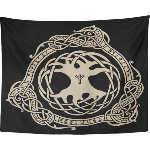 Artwork Wall Hanging Yggdrasil Design of Raven in Celtic Scandinavian Style and Norse Runes Black Ancient 60x80 Inches Tapestrie