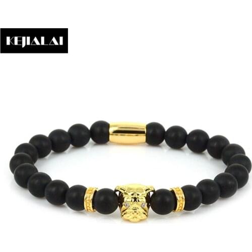 KEJIALAI 2018 Arrival Bulldog Charm Bracelet Men Women Jewelry 8mm Matte Onyx Bead Bracelet Mantra Prayer Lucky Gem Best Gift
