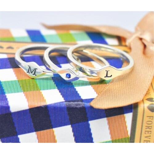 Solid Silver Stacking Ring Set Engraved Initial Signet Ring Personalized Birthstone Jewelry Custom Thin Ring