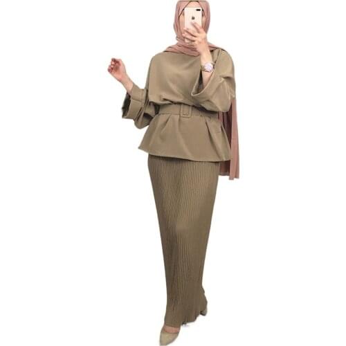 Muslim Sets Fashion Abayas Ramadan Eid Mubarak Prayer Clothes Islamic Femme Clothing Top Pleated Skirt 2021 Musulman Ensembles