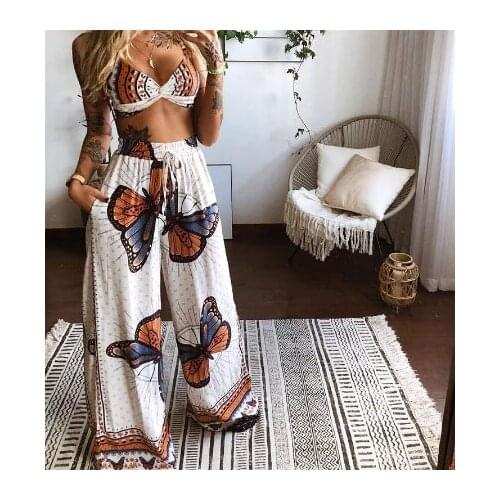 Summer Wide Leg Pants Suit Women Sexy Bra Print Drawstring Pants 2PC Set Loose Wide Leg Pants Casual Boho Trousers