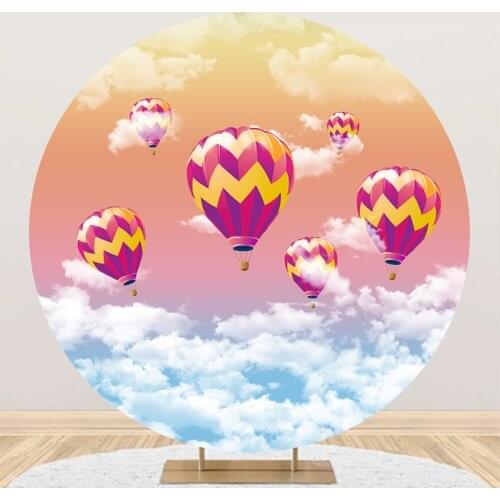Laeacco Hot Air Balloons Cloudy Sky Cartoon Birthday Party Banner Child Portrait Round Photo Backdrop Circle Photo Background