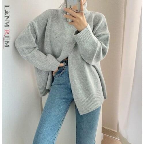LANMREM 2021 Autumn Winter New Women Knitted Sweater Long Sleeve High Collar Split Loose Pullover Female Fashion Tide 2W315