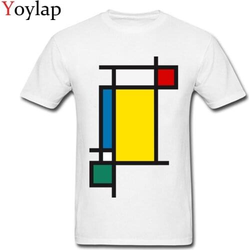 Mondrian Style T-shirt Mens Cotton Tops & Tees Crew Neck Summer/Autumn Short Sleeve White Clothes Geometric Vertical Aesthetic