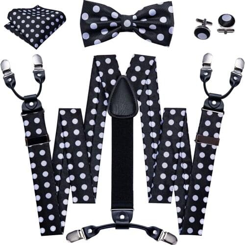 6 Clips Men Silk Suspender Strap Black White Dots Elastic Pants Braces Strap Vintage Adjustable Suspender with Free Gift Belt