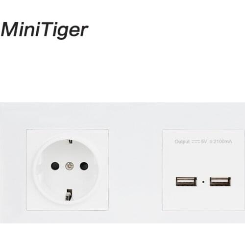 Minitiger Wall PC Panel EU Standard Wall Power Socket 16A EU Electrical Outlet Dual USB Smart Charging Port 5V 2A Output