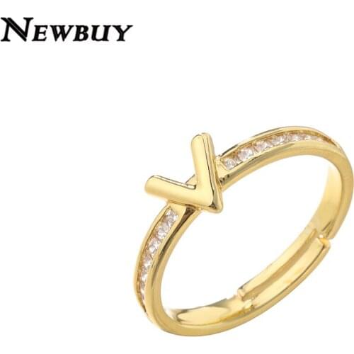 NEWBUY Simple Design Gold Color Copper Ring Luxury Cubic Zirconia Letter V Shape Party Ring For Women Femme Bijoux Adjustable