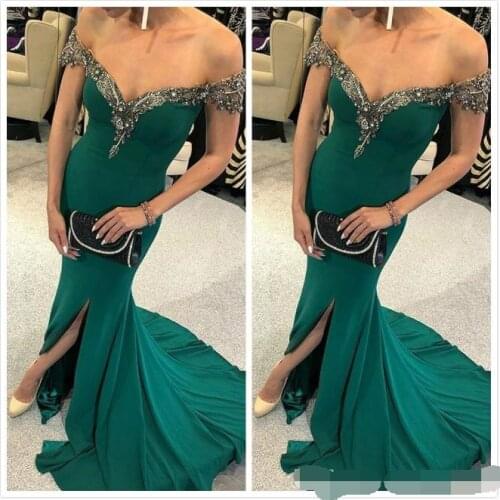 Hunter Green Mermaid 2019 Arabic Beaded Crystals Prom evening Dress Sexy Cheap Formal Party Pageant Evening Dresses