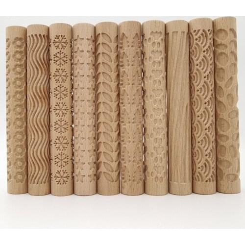 Polymer Clay Roller wooden Rolling Pin Flower Relief Texture European Emboss Pattern Ceramic Pottery Modeling Sculpture Tools