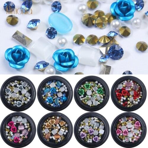12 Bottles Colorful Acrylic Nail Rhinestones Mixed Shiny Nail Art Decoration With Flower Designs DIY Manicure Beauty Tools