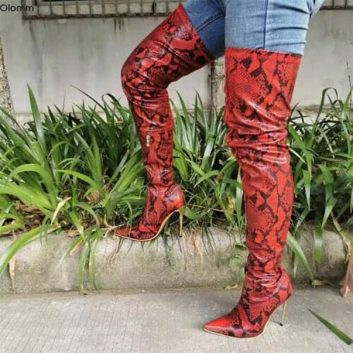 Olomm Women Thigh High Snake Pattern Boots Sexy Stiletto High Heels Boots Pointed Toe Red Party Shoes Women Plus US Size 5-15