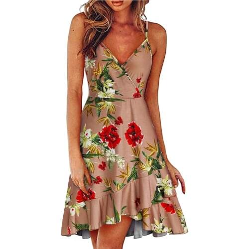 Floral Ruffle Dress Womens Summer Tunic Sexy Wrap V Neck Adjustable Spaghetti Casual Beach Holiday Sundress 2021 Wholesale