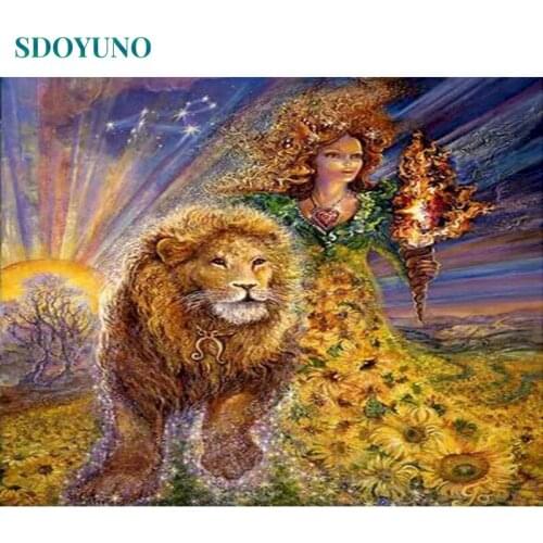SDOYUNO DIY Painting By Numbers Kits Lions Landscape 60x75cm Coloring By Numbers On Canvas Frame Animals Digital Draw Number