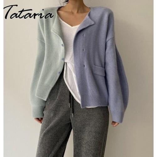 Blue Color Contrast Spliced Cardigan for Women 2021 Autumn O Neck Knitted Button-down Cardigan for Girls Coat Elegant Female Top