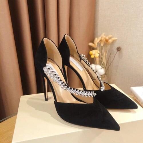 Suede High Heels Women Diamond Decor Pumps Luxury Brand Designer Shoes Party for Women Genuine Leather Sexy Pointed Toe Shoes