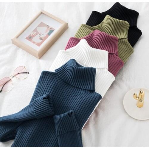 Knitted Solid Turtleneck With Thumb Hole 2021 Warm Thick Autumn Winter Women Sweater Pullover Basic Ribbed Sweaters Cotton Tops