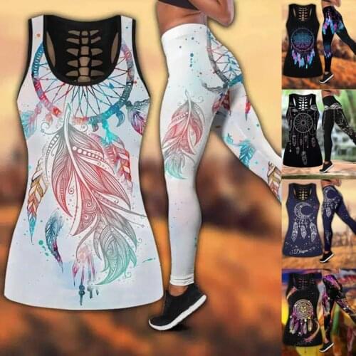 Leggings Women 2 Piece Yoga Set Boho Tank Tops and Legging Suit Sportwear Running Fitness Gym Workout Sets Sport Suits Plus Size