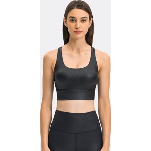 Womens Faux Leather Strappy Sports Bras Sexy Crisscross Back Medium Impact Yoga Bra Matte Coated Widen Hem Fitness Tops